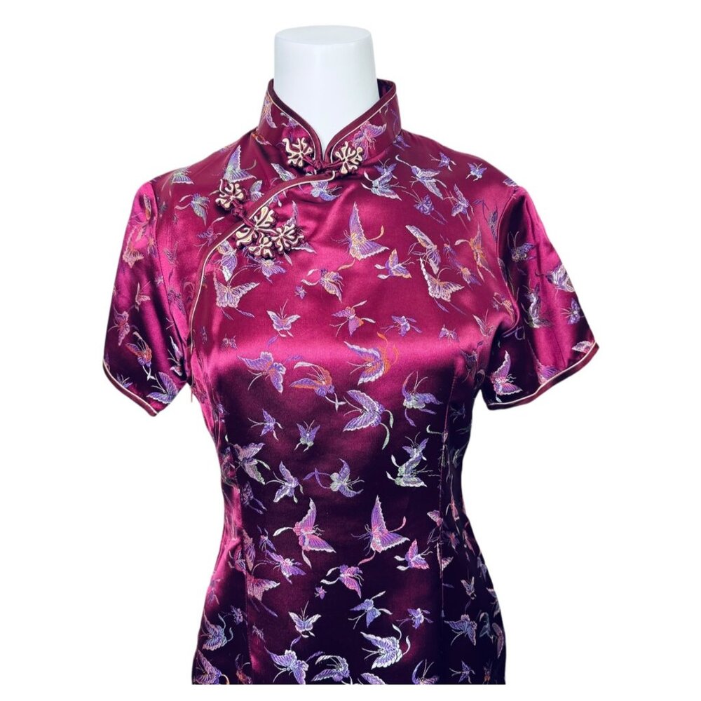 Vintage Satin Cheongsam Dress Short Sleeve Knee Length Butterfly Print - Picture 2 of 8